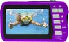 A young girl underwater wearing goggles and giving a thumbs up, displayed on the screen of a purple digital camera. Náhled obrázku produktu