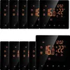 A collage of digital thermostats showing temperature and time. Produktbild-Vorschau