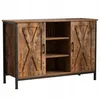 A vintage-style wooden cabinet with black metal legs and handles, featuring sliding barn doors and open shelving. Náhľad obrázku produktu