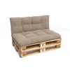 A sofa made of wooden pallets with beige cushions, shown against a white background. Voir les images du produit