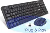 A black wireless keyboard and mouse set with blue accents, shown on a white background with radiating blue circles. Náhľad obrázku produktu