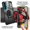 A product image showcasing a phone case with a ring holder and highlighting its protective features for the camera and front screen. Produktbild-Vorschau