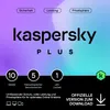 A promotional graphic for Kaspersky Plus software, featuring security, performance, and privacy highlights. Produktbild-Vorschau