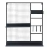 A dark gray metal pegboard wall organizer with shelves and hooks against a white background. Produktbild-Vorschau