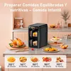 A kitchen counter with an air fryer and various foods, along with cooking temperature and time suggestions. Produktbild-Vorschau