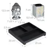 A flat lay image showing a Buddha head figurine, a small Zen-themed container, and a black tray with compartments, all with dimensions indicated by measurement lines and text. Náhled obrázku produktu