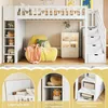 A collage of images showcasing a white loft bed with storage, a yellow beanbag chair, and a white cabinet. The bottom section features close-ups of the bed's storage features and shelves. Anteprima dell’immagine prodotto