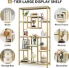 A multi-panel image showcasing a tall, gold and white display shelf with various decorative items and storage boxes arranged on its shelves. The panels highlight different uses and decorative possibilities for the shelf. Produktbild-Vorschau