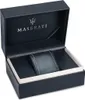 An open Maserati watch box with a black interior and a white trim. The lid of the box has the Maserati logo and name printed on it. Produktbild-Vorschau