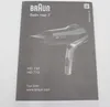 A black and white image of a Braun Satin Hair 7 hairdryer on a light gray background, with text and a QR code. Produktbild-Vorschau