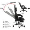 A black gaming chair shown from the side with various angles and features highlighted with text and arrows. Produktbild-Vorschau