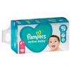 A package of Pampers Active Baby diapers is shown with a baby's face peeking out. Podgląd zdjęcia produktu