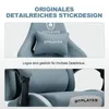 Close-up shots of a blue gaming chair, highlighting embroidered logos and stitching detail. Produktbild-Vorschau