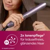 A woman is using a hair straightener on her hair, with marketing text and graphics below. Anteprima dell’immagine prodotto