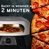 A pizza oven with a pizza inside and sliced pizzas next to it, with marketing text overlay. Produktbild-Vorschau