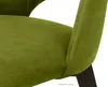 A close-up view of the green velvet upholstery and a dark wooden leg of a chair. Náhled obrázku produktu