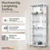 A white glass display cabinet with several shelves, showcasing various items like glasses, a decorative car, and vases. Text overlays highlight product features. Produktbild-Vorschau