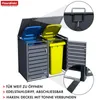 A dark grey metal bin enclosure with two separate compartments, each containing a colored bin (blue and yellow). The lids are open, and one of the doors is ajar. Close-up insets highlight the handle and the connection between the lid and the bin. Náhled obrázku produktu