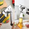 A collage showing a can opener being used on a can of beans and a bottle opener being used on a bottle of beer. Voir les images du produit