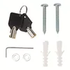 A collection of hardware items including keys, screws, wall plugs, washers, and an Allen wrench, arranged on a white background. Produktbild-Vorschau