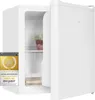A white mini refrigerator with its door slightly ajar, showing a container of food inside. A promotional award badge is attached to the left side of the refrigerator. Produktbild-Vorschau
