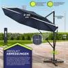 A navy blue cantilever umbrella is shown with various measurements and features highlighted with text overlays and diagrams. Náhled obrázku produktu