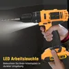 A hand holding a cordless drill with an LED light illuminating the area in front of it. Text overlays describe the LED work light feature. Produktbild-Vorschau
