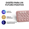 A pink Logitech Pebble Keys 2 K380s keyboard is shown next to marketing text and icons. Produktbild-Vorschau