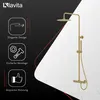 A gold shower set is displayed against a black and white background, with icons and text highlighting its features. Produktbild-Vorschau