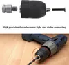 A split image showing a drill chuck adapter and screw in the top half, and a drill with a chuck and drill bit in the bottom half, with text describing the product's features. Produktbild-Vorschau