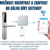 Diagram showing how a smart door lock connects to a gateway and then to a smartphone app. Náhľad obrázku produktu
