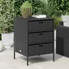 A black poly rattan cabinet with three drawers is placed on a tiled patio, surrounded by lush green plants and foliage. A potted plant sits on top of the cabinet. Anteprima dell’immagine prodotto