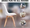 A white chair with wooden legs is shown in the foreground, with three circular inset images showing the chair in different room settings: a study, a kitchen, and an office. Produktbild-Vorschau