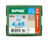 A green cardboard box containing SPAX screws, with product details and an illustration of the screw and its application. Podgląd zdjęcia produktu