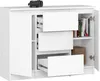 A white dresser with two doors and three drawers is shown with one drawer partially open. Books are visible on a shelf inside the dresser. Podgląd zdjęcia produktu