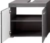 A gray bathroom vanity cabinet with one door open, revealing two shelves. Produktbild-Vorschau