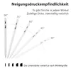 Diagram showing a stylus pen at different angles to illustrate pressure sensitivity and line thickness variation. Produktbild-Vorschau