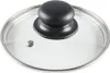 A close-up studio shot of a glass pot lid with a black handle and a silver rim. Náhled obrázku produktu