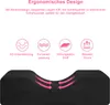 A black ergonomic pillow with pink arrows indicating support and airflow, surrounded by icons and text describing its features. Produktbild-Vorschau