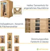 Collage of images showcasing an infrared sauna, its features, and different color lighting options. Produktbild-Vorschau
