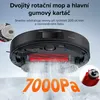 Close-up of a robot vacuum cleaner with its brush and mop exposed, showing suction and cleaning action. Text highlights features like dual rotating mop, rubber brush, and suction power. Anteprima dell’immagine prodotto
