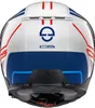 The back view of a white motorcycle helmet with blue and red accents. Podgląd zdjęcia produktu
