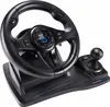 A black gaming steering wheel with a gear shifter and base, shown from a slightly elevated side angle against a white background. Anteprima dell’immagine prodotto