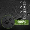 Close-up of a black waterproof material with water droplets, featuring icons and text highlighting product features. Produktbild-Vorschau
