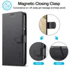 A black leather phone case with magnetic closure, showing details of its front and back. Produktbild-Vorschau