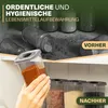 A split image showing a messy shelf with spilled spices and old jars (labeled 'VORHER' - BEFORE) above a clean shelf with neatly organized spice containers (labeled 'NACHHER' - AFTER). A hand is holding one of the new containers. Produktbild-Vorschau
