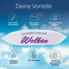 A pillow is shown floating in a sky with clouds, with various feature icons and text surrounding it. Produktbild-Vorschau