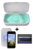A collage of images showing a UV disinfection box with a mask inside, a smartphone with a wireless charger, and a close-up of the UV disinfection box. Produktbild-Vorschau