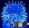 A tangled ball of blue LED string lights with a power adapter. Produktbild-Vorschau
