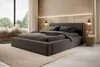 A modern bedroom with a large bed, large window, and wooden wall paneling. Produktbild-Vorschau